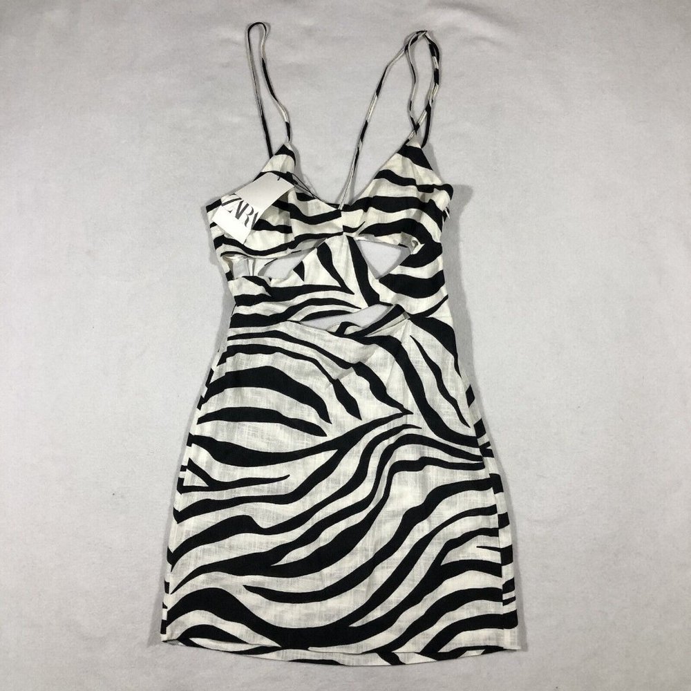 Zara Dress Womens XS Zebra Print Asymmetrical Cut Out Mini Dress Linen NEW $50
